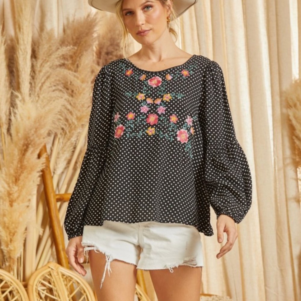 NWT Savanna Jane Black Floral Embroidered Polka Dot Blouse - Picture 4 of 5